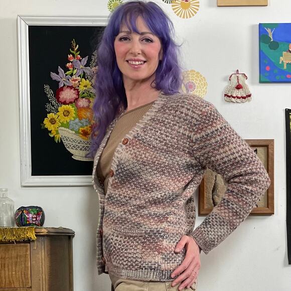 Vintage Grandpa Cardigan, 1970s Brown Space Dye V-Neck Button Front Sweater Sz S - Picture 4 of 10